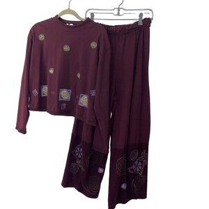 Isabel LA by Shawn Vintage Top And Pants Set Size Medium Burgundy Cotton Painted